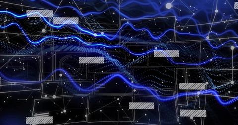 Futuristic Blue Waveform on Digital Grid Network Background