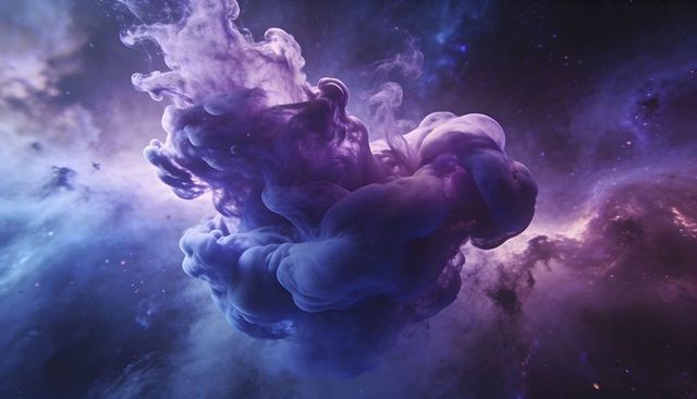 Ethereal purple-blue nebula cloud floating in deep space with glowing starfield