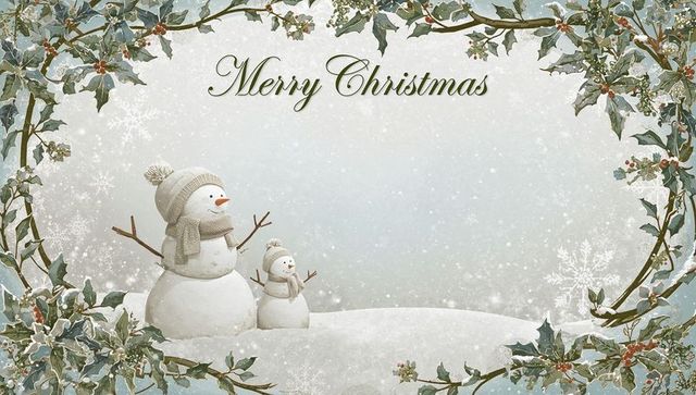 Merry christmas snowman family standing on snowy hill with holly border holiday card