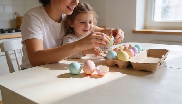 Mother daughter decorating pastel easter eggs together in sunlit kitchen
