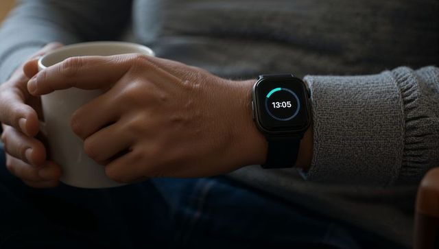 Holding wrist with square smartwatch and white mug on cozy sofa, soft ambient lighting