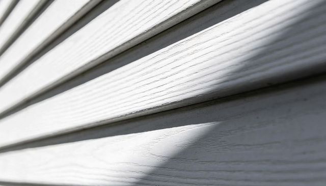 Sunlit white vinyl siding close-up showing woodgrain texture, diagonal shadow and seams
