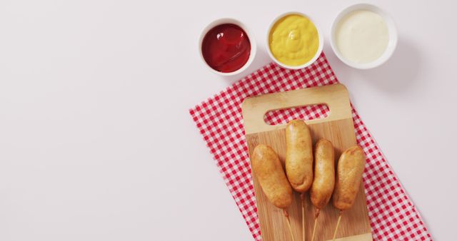 Image of corn dogs with dips on a white surface - Download Free Stock Photos Pikwizard.com