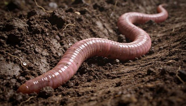 Crawling glossy earthworm stretching across moist garden soil macro closeup with roots