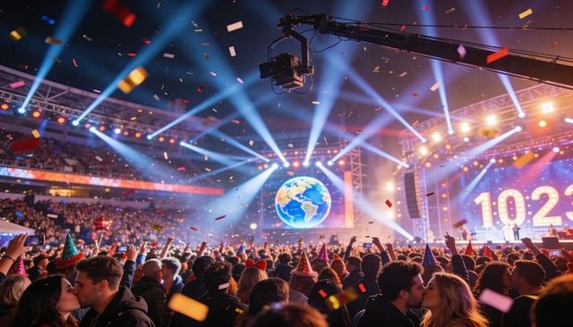 Packed Arena Celebrating New Year Countdown with Giant Globe, Confetti and Concert Lights