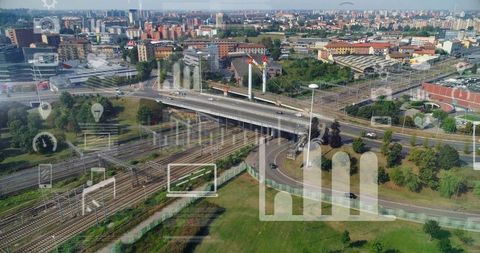 Smart city transport hub aerial view with highway overpass, rail network and ar analytics overlay