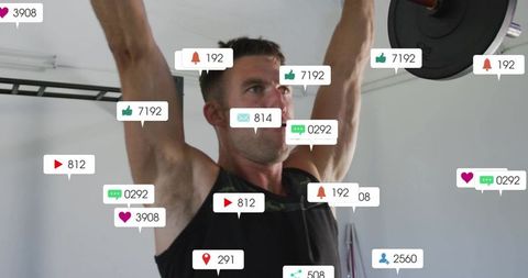 Muscular man lifting barbell overhead with social media notification overlays