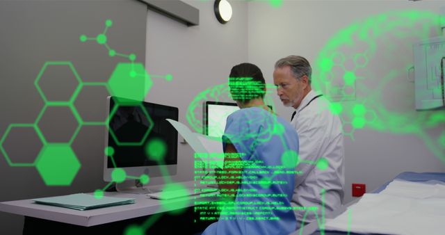 Medical professionals analyze patient data using advanced technology in a modern clinic. Two doctors review printed medical charts, while futuristic computer graphics overlay illustrates data analysis. Ideal for illustrating medical research, healthcare innovation, digital health records, and future of medicine.
