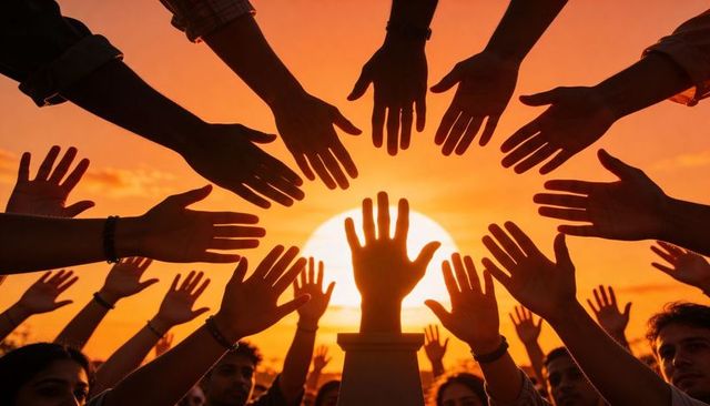 Reaching hands surrounding central hand above pedestal at sunset showing unity hope