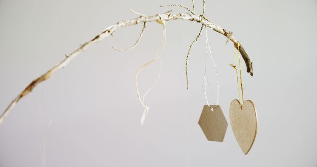 Handmade jewelry hangs delicately from a branch, with copy space. The display creates a natural and minimalist aesthetic for showcasing the items.