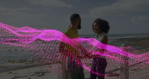 Romantic Couple at Beach with Pink Digital Wave Art