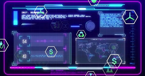 Displaying neon cyberpunk hud with holographic financial icons, world map and waveform readouts
