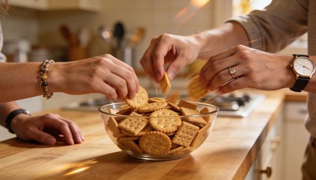 Couple grabbing crackers from glass bowl on kitchen countertop casual sharing moment snack