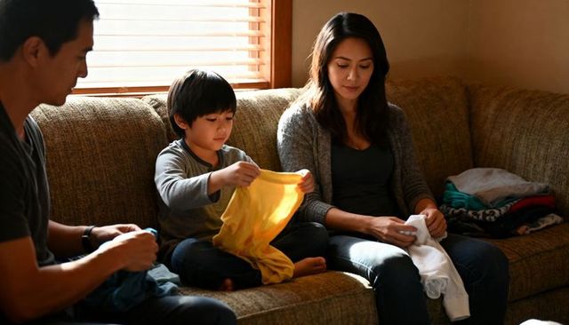 Family folding laundry together on sunlit couch, parents teaching child chore skills