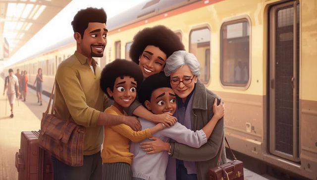Multigenerational family embracing on train platform during golden hour farewell reunion