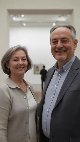 Mature couple smiling while holding hands in modern art gallery vertical video