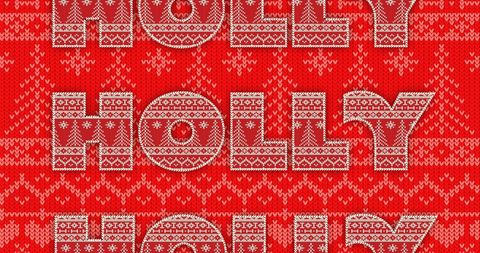 Christmas holly text on festive red knitted background
