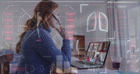 Young Woman Analyzes Futuristic Lung Scans in High-Tech Lab
