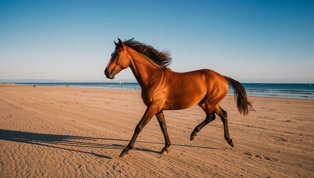 Majestic chestnut horse trotting along sandy beach