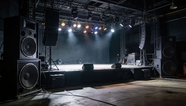 Lighting and sound rig illuminating concert stage with colored beams, haze, PA stacks