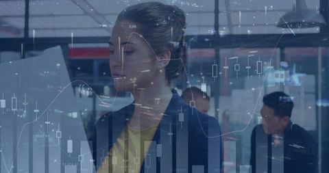 Businesswoman analyzing financial data analytics digital overlay