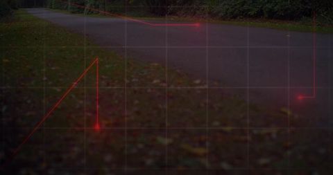 Twilight curving road with digital grid and red laser markers for augmented navigation