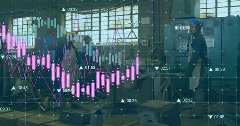 Factory Worker Operating Control Panel With Overlaid Candlestick Charts and Data Analytics
