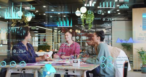 Diverse Team Discussing Financial Data and Analytics in Modern Office