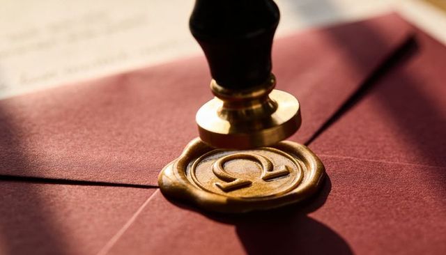 Brass Wax Seal Pressing Gold Omega Emblem on Burgundy Envelope Luxury Stationery Macro