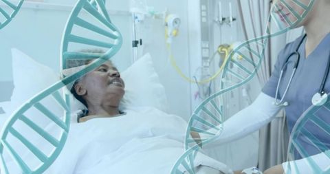 Nurse holding senior patient hand in hospital bed with dna strands overlay suggesting genetic care