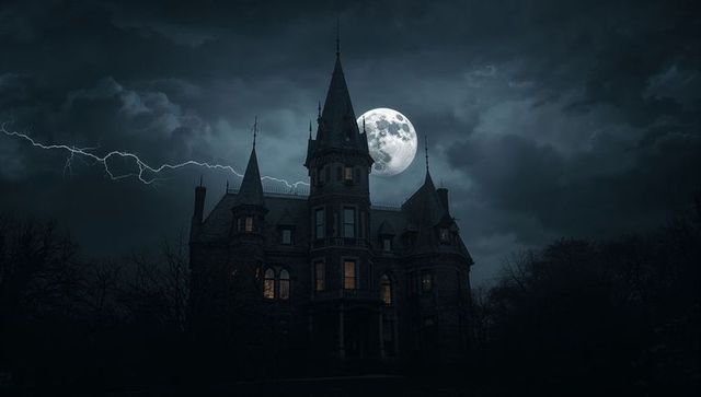 Eerie Gothic Mansion with Lightning and Full Moon