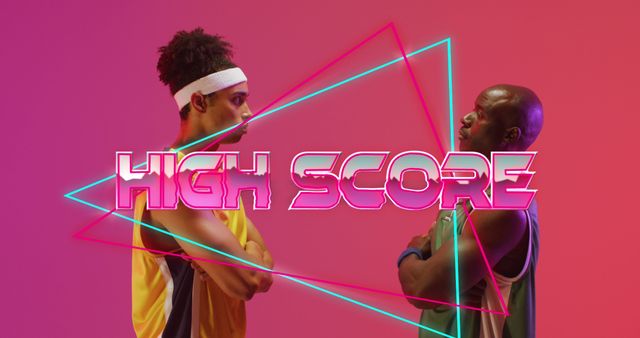 Image of high score text over neon pattern and diverse basketball players. Sports, competition, image game and communication concept digitally generated image.