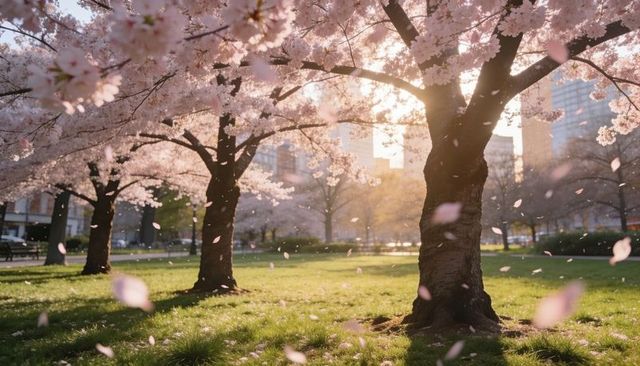 Sunlit cherry blossom (sakura) trunks with falling petals in urban park at golden hour