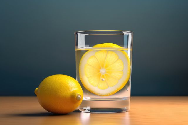 Glass of lemon juice and lemon on blue background, created using generative ai technology. Juice, drink and refreshment concept digitally generated image.