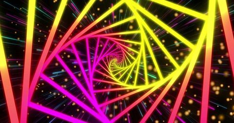 Spiraling neon tunnel receding through cosmic void with pink-to-yellow gradient glow
