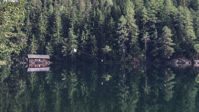 Beautiful depiction of a rustic cabin by a calm forest lake, surrounded by dense pine trees. Perfect for promoting nature retreats, travel destinations, or outdoor activities. Can also be used for illustrating topics related to tranquility, solitude, and nature's beauty.