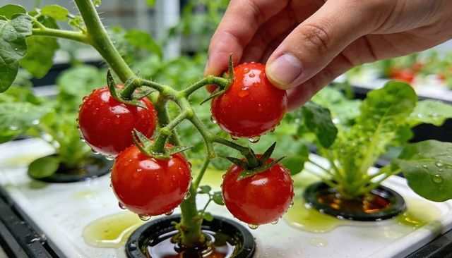 Hand harvesting ripe cherry tomatoes from hydroponic vine with water droplets and leaves