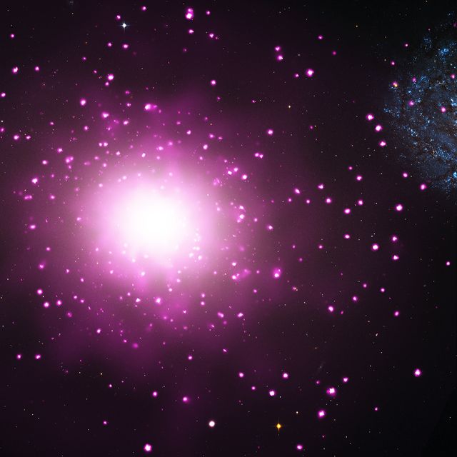 Stunning composite view of M60-UCD1, one of the densest galaxies in the nearby universe. Image combines pink X-ray data from Chandra X-ray Observatory with red, green, and blue data from Hubble Space Telescope. Allows study of hot gas, double stars with black holes, neutron stars, and densely packed stars. Perfect for educational content, astronomy publications, and cosmic research visuals.