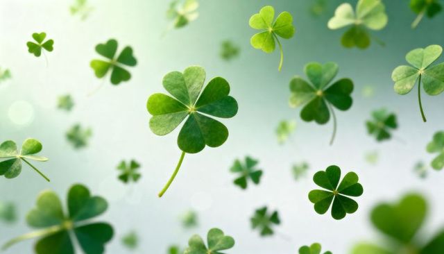Floating four-leaf clover hovering in soft green-blue bokeh, symbolizing luck and spring