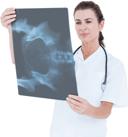 Transparent female doctor examining x-ray film
