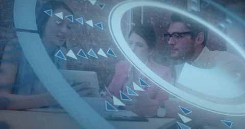 Team Collaborating with Holographic AR Interface over Tablet for Strategic Planning