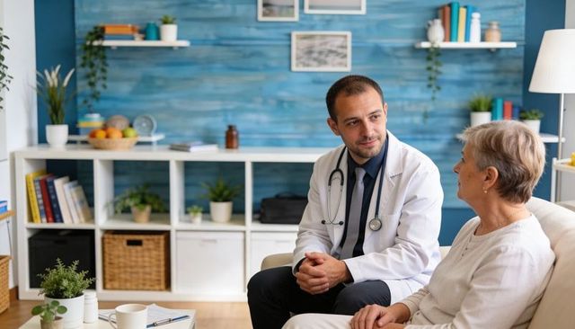 Doctor consulting with senior woman on sofa in cozy home healthcare visit