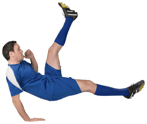 Football Player in Blue Kit Kicking Ball on Transparent Background