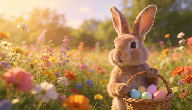 Bunny holding woven basket of pastel eggs in sunlit wildflower meadow, easter morning