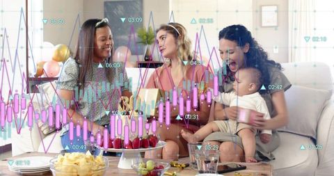 Women celebrating baby shower on sofa with cake, gifts and financial data overlay graph