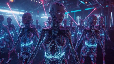 Futuristic androids in neon-filled industrial space