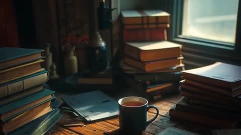 Cozy Library Basking in Warm Sunlight with Tea and Books