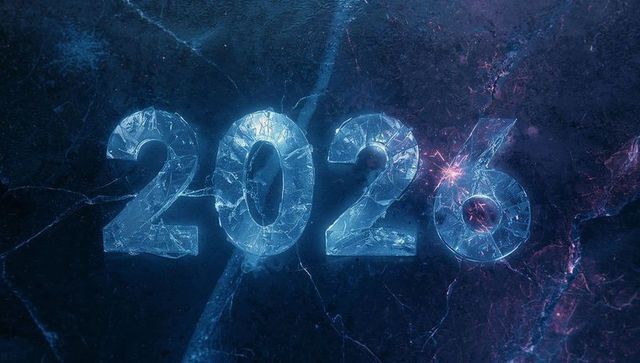 2026 ice numerals cracking on crystalline slab with blue neon glow and magenta sparks