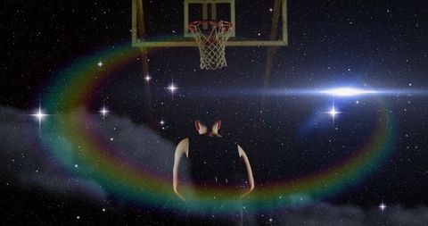 Man Gaze at Floating Basketball Hoop in Starry Nightscape