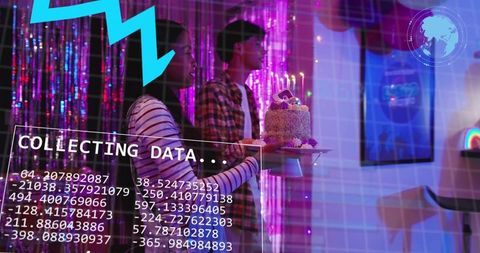 Carrying birthday cake through neon tinsel lounge with futuristic data overlay